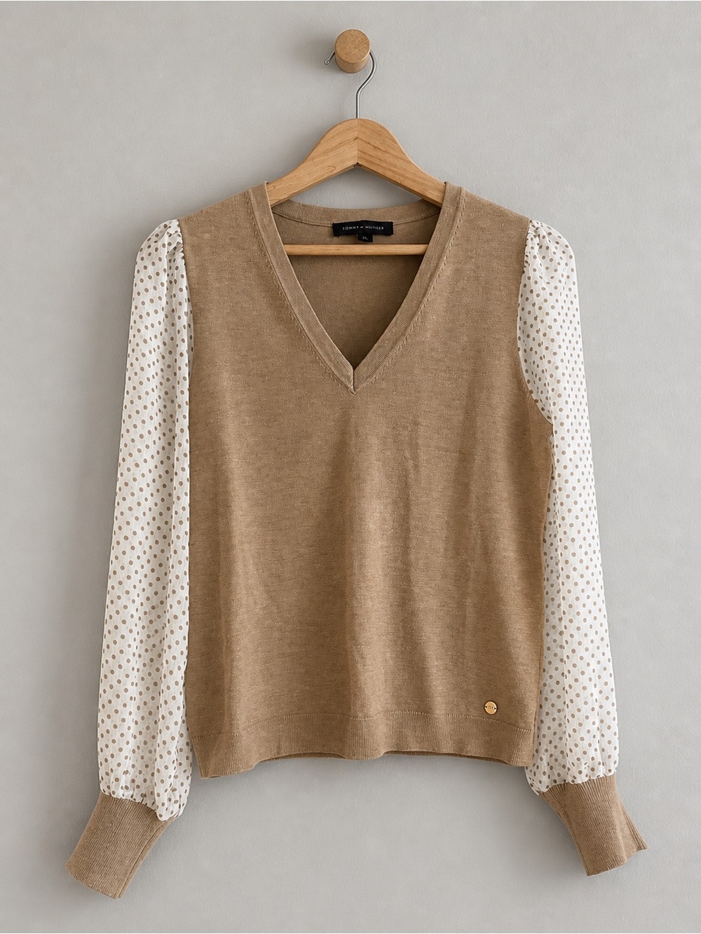 Tommy Hilfiger Tan Sweater Blouse Polka Dot Sleeves Size M